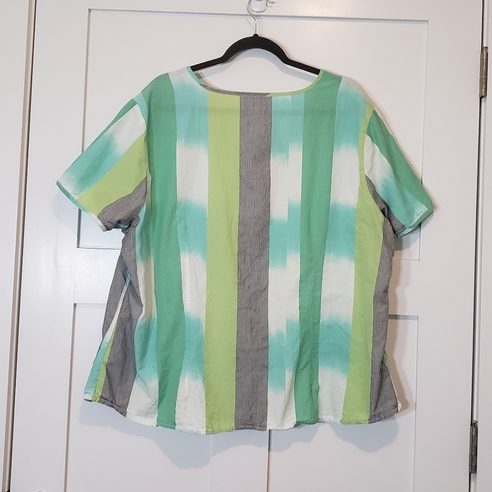 CJ Banks Cotton 100% Button Down Short Sleeve Top Size 3X Green White Li… - Picture 9 of 13